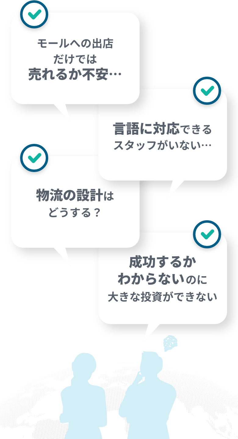 モールへの出店だけでは売れるか不安… 言語に対応できるスタッフがいない… 物流の設計はどうする？ 成功するかわからないのに大きな投資ができない